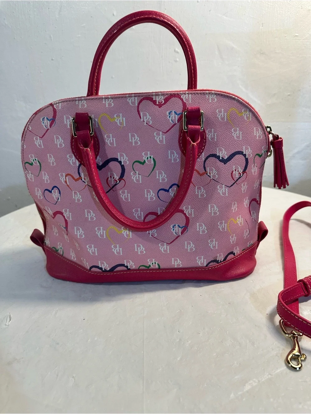 Pink Heart-Print Dome Satchel Handbag